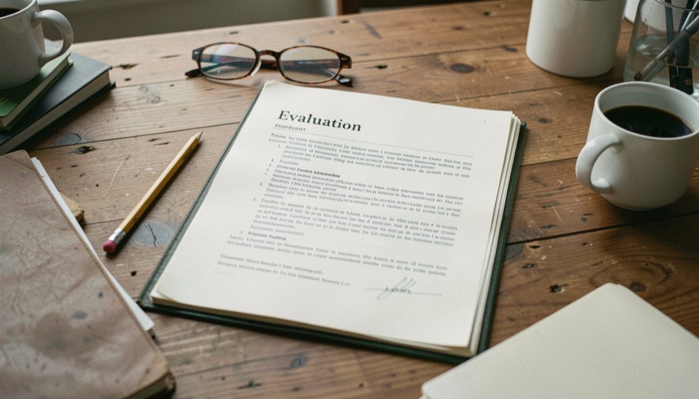 A marked evaluation report open on a wooden desk with a pencil, reading glasses and a cup of coffee