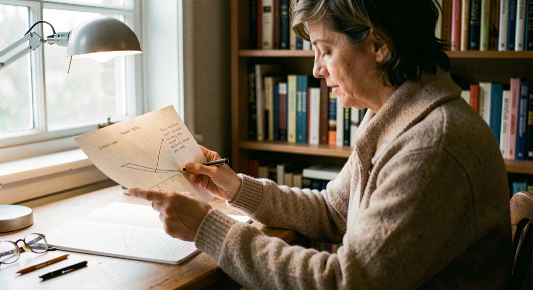 A researcher reviewing a simple chart and handwritten observations under a soft desk light in a quiet study