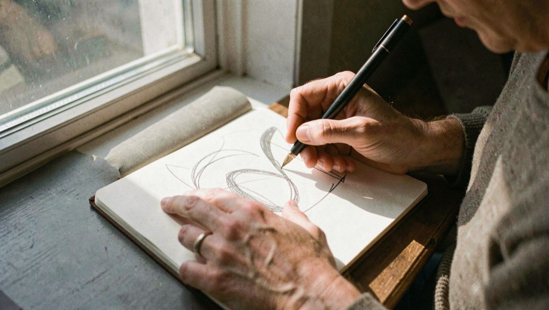 A person sketching abstract shapes in a notebook beside a window, with natural light falling across the page