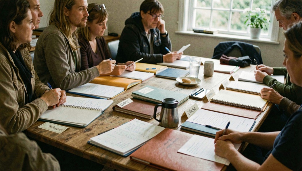 A community table with shared notebooks, labeled folders and a coffee pot prepared for an afternoon archive session