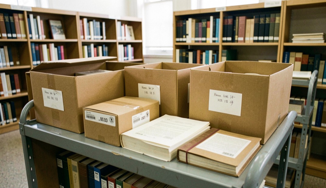 Open archive boxes and dated finding aids on a library cart under even reading-room light