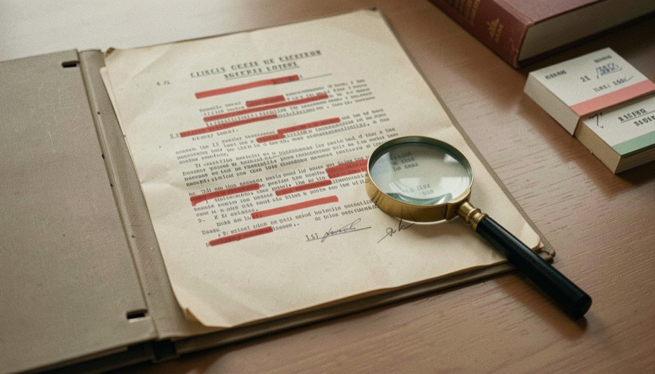 A declassified document folder with redaction marks, a magnifying glass and index cards in a neutral study