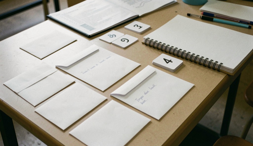 A research table with blank target envelopes, numbered cards and a notebook arranged for a controlled study