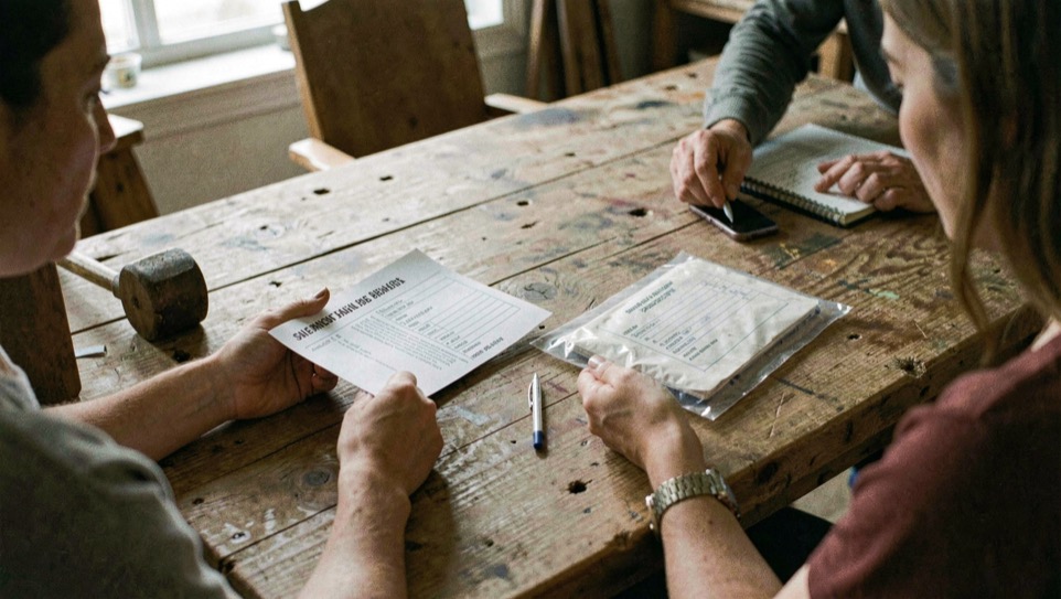 A reviewer comparing a session form with a sealed feedback packet on a broad wooden worktable