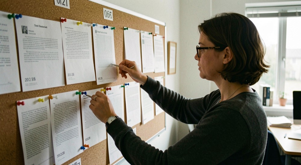 A researcher pinning journal abstracts and publication dates to a corkboard in a bright university office