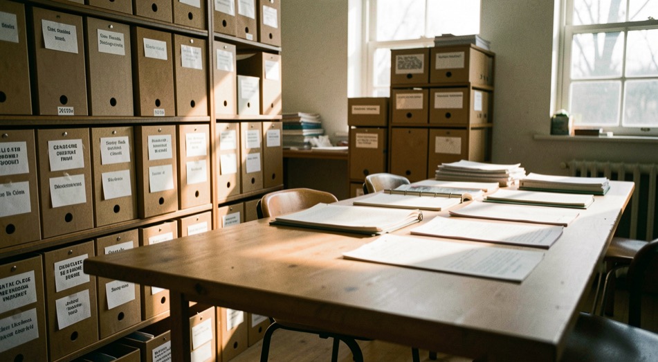 A documentary archive room with labeled folders, a long table and late afternoon light across research notes
