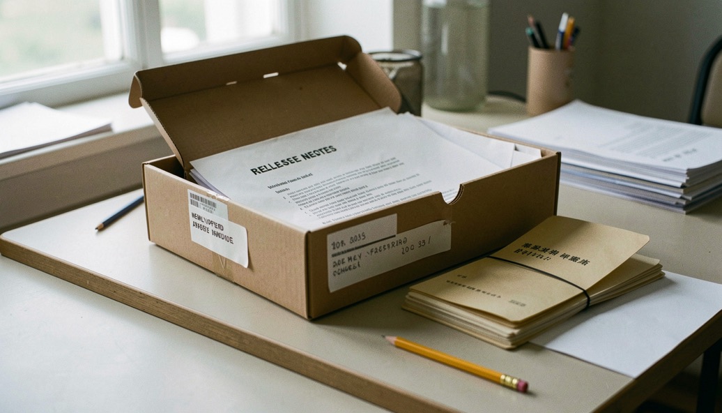 A newly opened archive box with release notes, dated folders and a pencil on a quiet research table