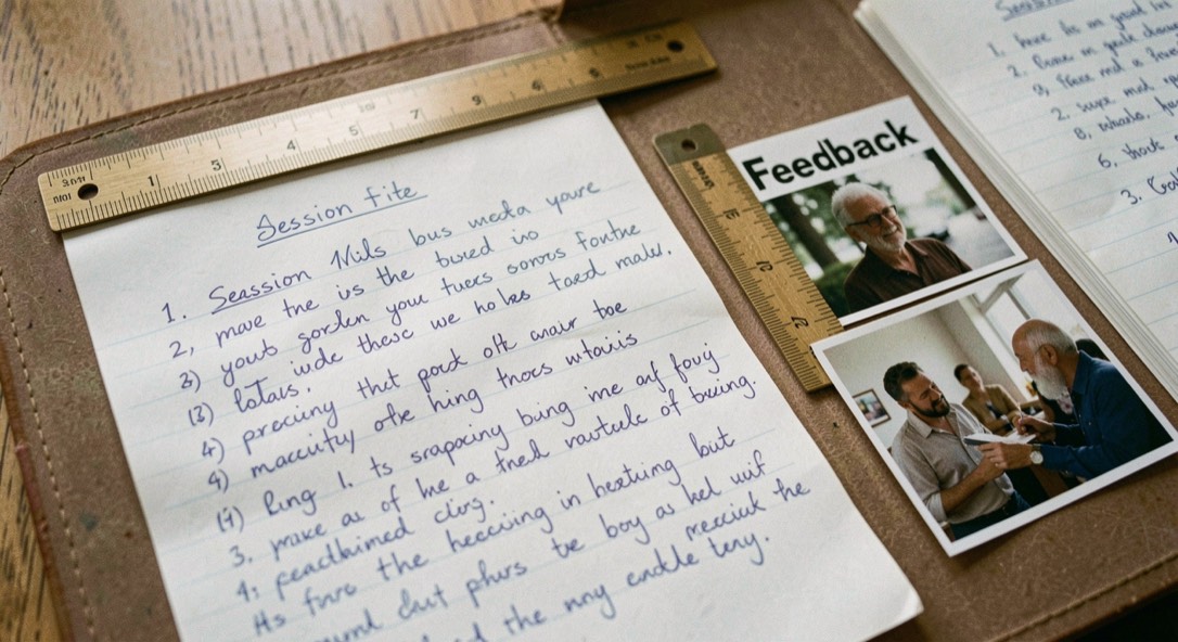 A documentary close-up of handwritten session notes, a ruler and a feedback photograph kept in separate folders