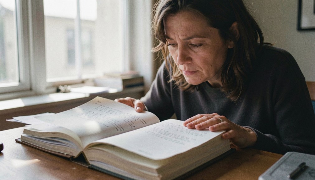 A thoughtful reader pausing over a stack of annotated pages in a sunlit room with a calm documentary mood