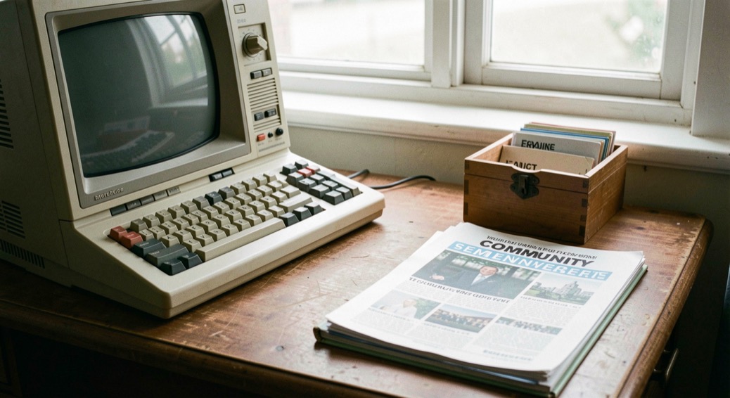 A vintage computer workstation beside neatly labeled community newsletters and a small archive box in warm window light